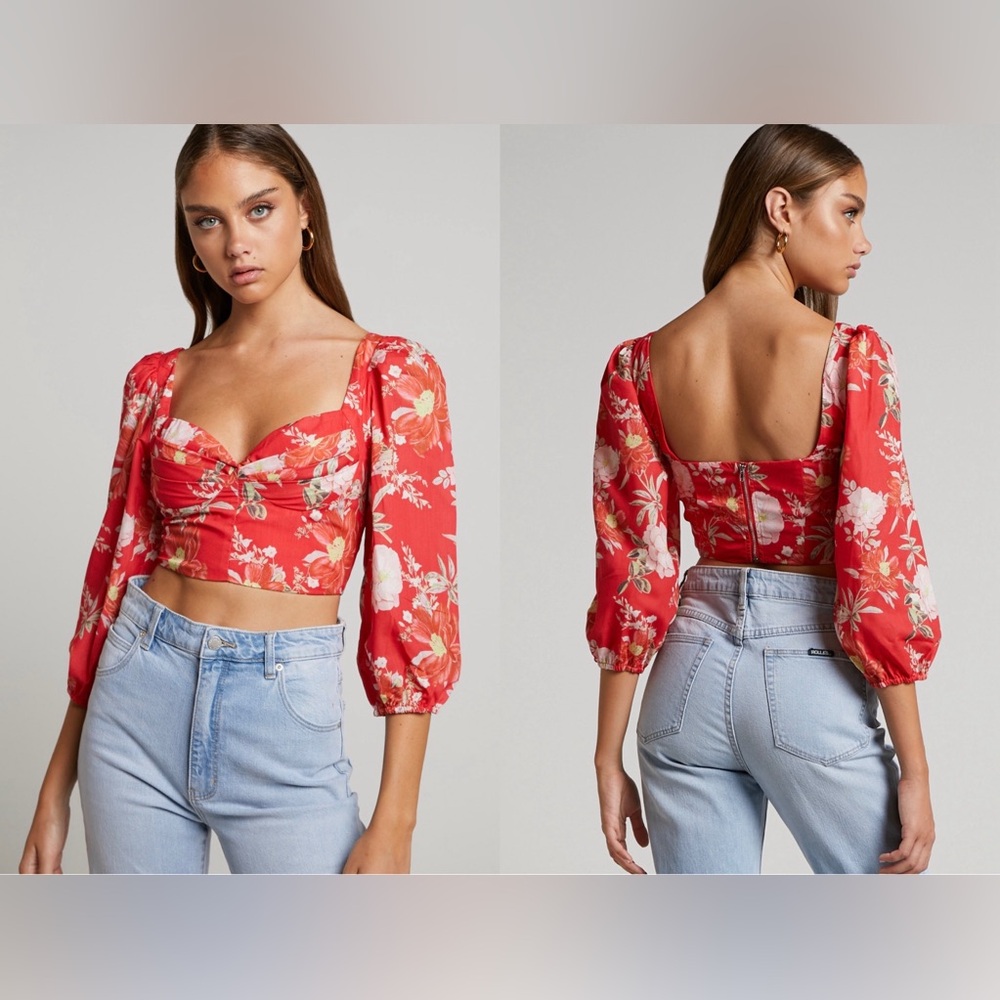 NWT Showpo Red Floral, 3/4 sleeve, Pleated Bust, Cropped Bodice Top - Size US 14